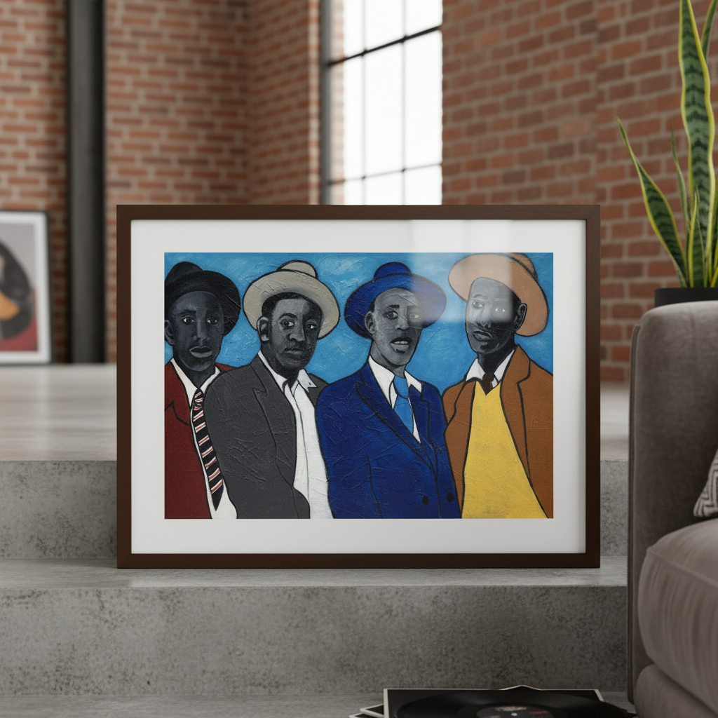 Four Guys framed giclee print, lifestyle view — Black dandyism fashion art by Antionette Simmons Hodges