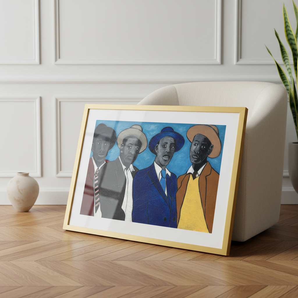 Four Guys framed giclee print, lifestyle view — Black dandyism fashion art by Antionette Simmons Hodges