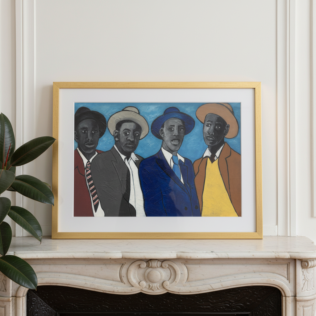 Four Guys framed giclee print, lifestyle view — Black dandyism fashion art by Antionette Simmons Hodges