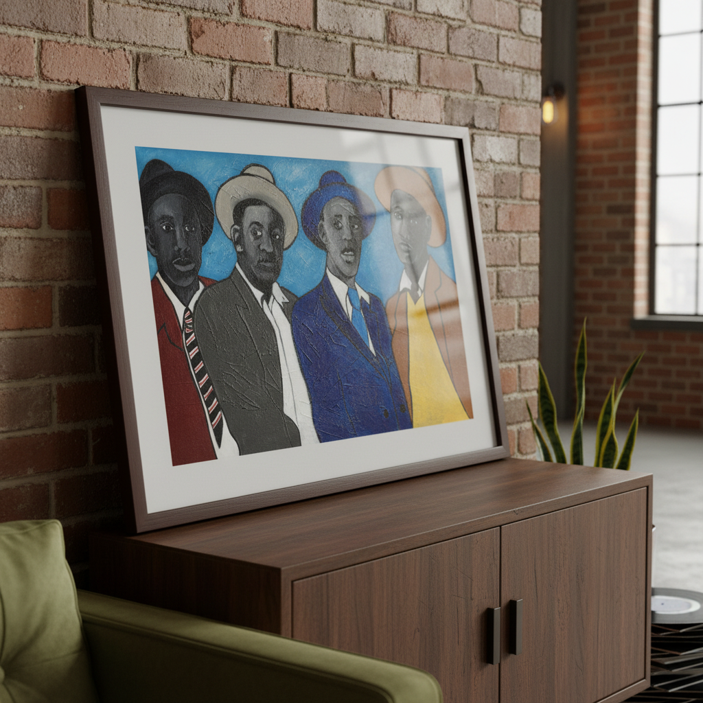 Four Guys framed giclee print, lifestyle view — Black dandyism fashion art by Antionette Simmons Hodges
