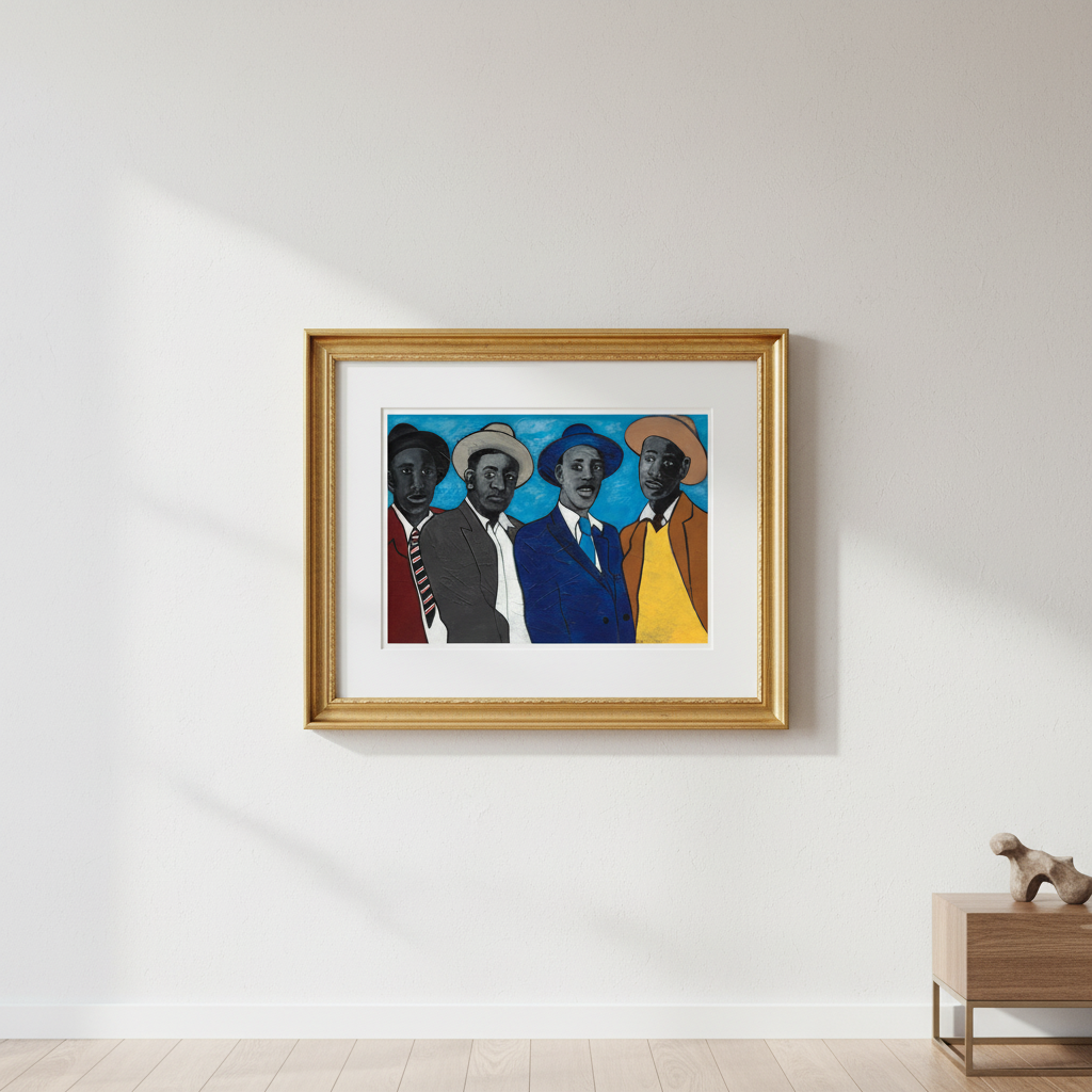 Framed artwork of four figures on a white wall with a wooden side table.