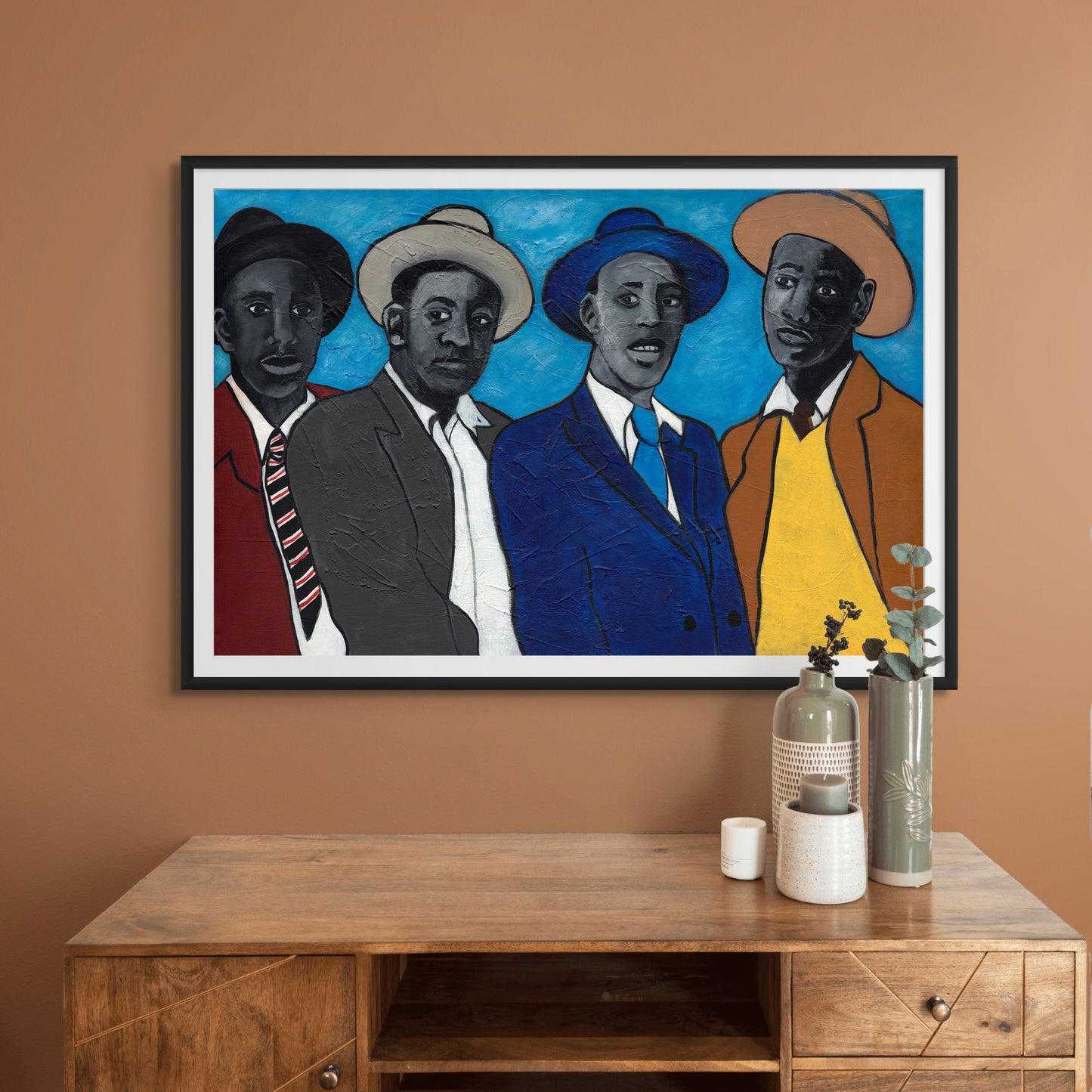 Framed Black art Print titled Four Guys, depicts four Well dressed African American men in suits and Fedora hats. Painted by Antionette Simmons Hodges.