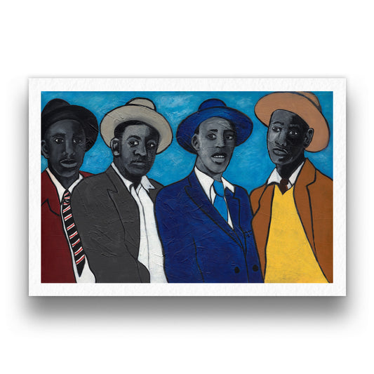 Black art print 'Four Guys' by Antionette Simmons Hodges. Features four stylishly dressed  Black men against a vivid blue background, capturing camaraderie and fashion from a nostalgic era with expressive brushwork.