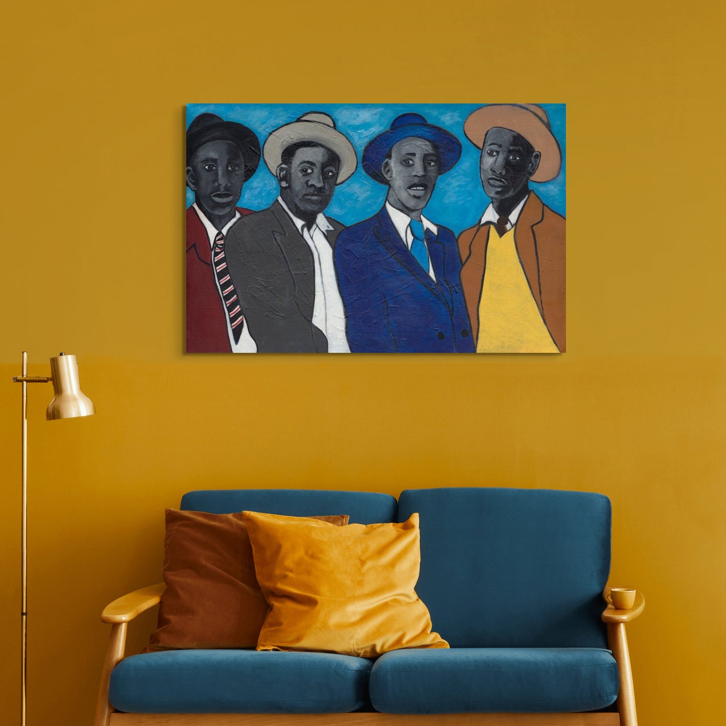 Black art Print Four Guys features 4 well dressed african american men wearing fedora hats. 