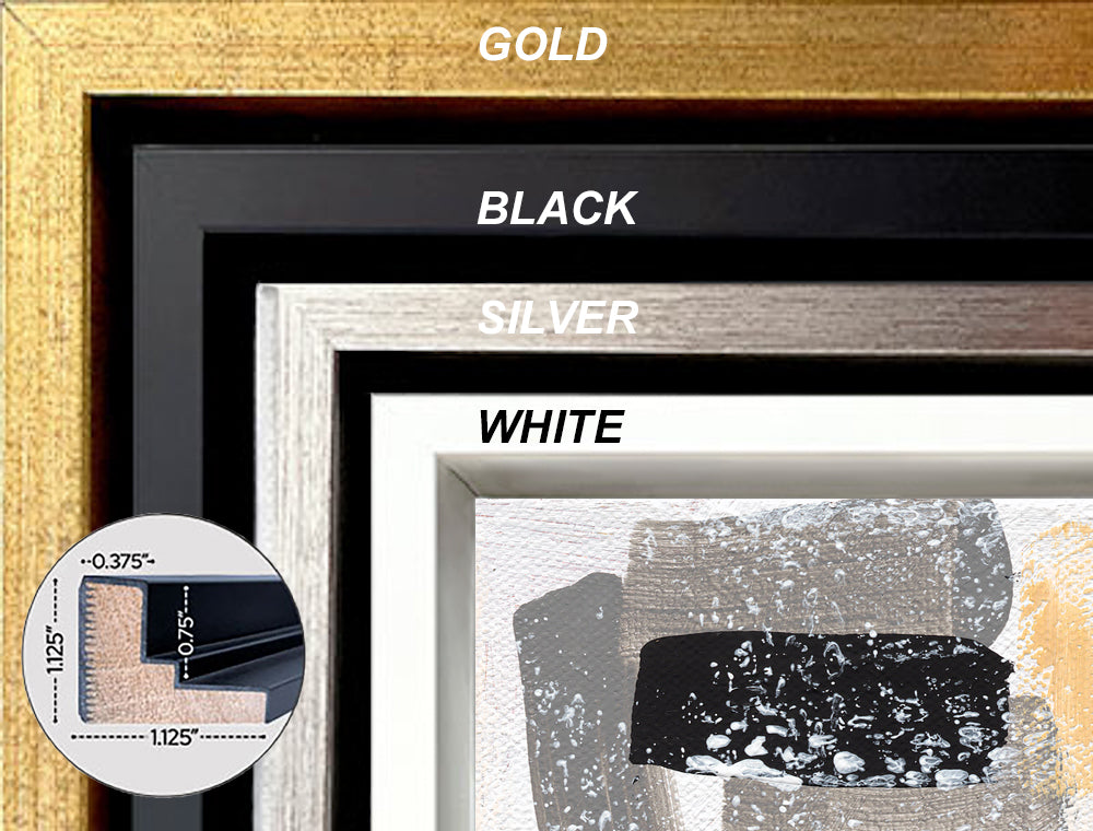 swatches showing gold, black, silver, white float frame options