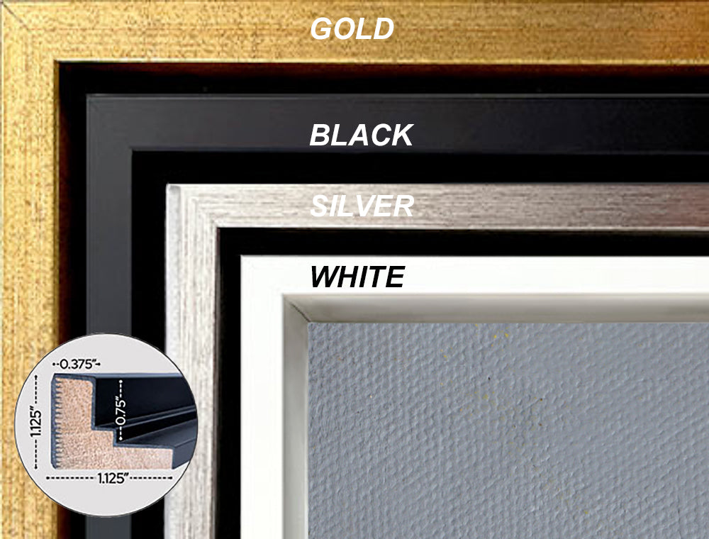 swatches of gold, black, silver, and white wooden frame choices for Night on the town Stretched canvas print.