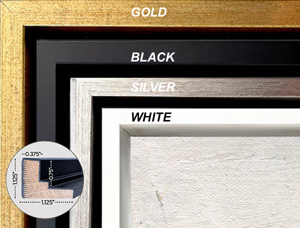 swatch of available frame options for 'The Model' print, showing gold, black, silver, and white wood.