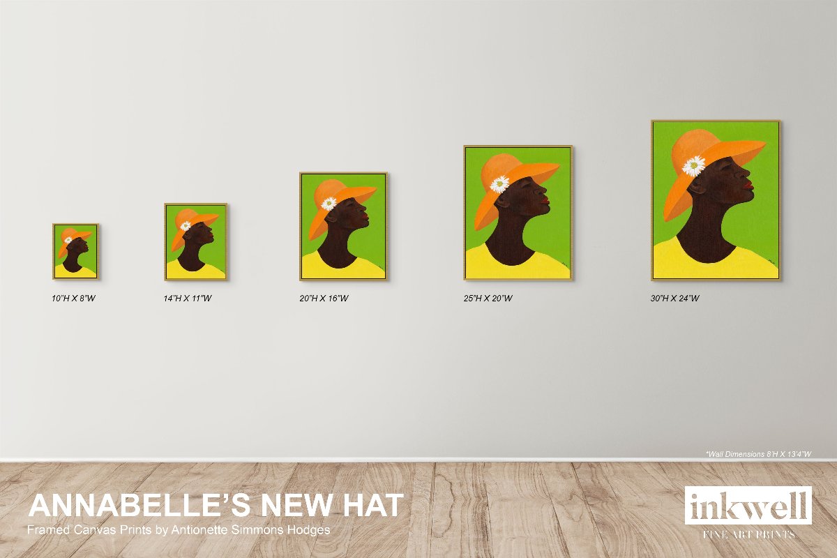 'Annabelle's New Hat' giclee art print on framed stretched canvas: African American woman in yellow attire, orange hat with daisy, against green, displayed on a wall in 5 available sizes.