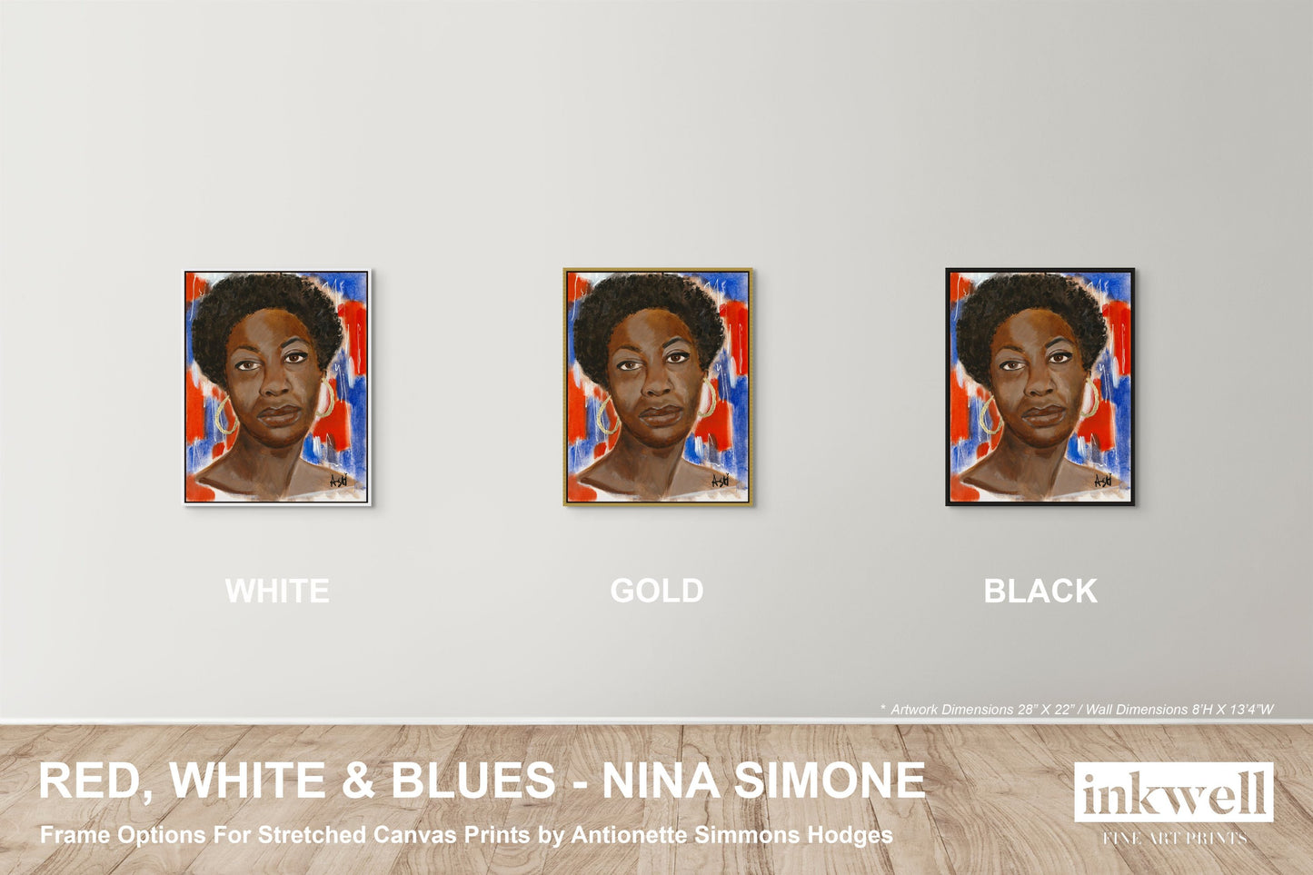 images showing framed stretched canvas nina simone artwork in white, gold and black frames