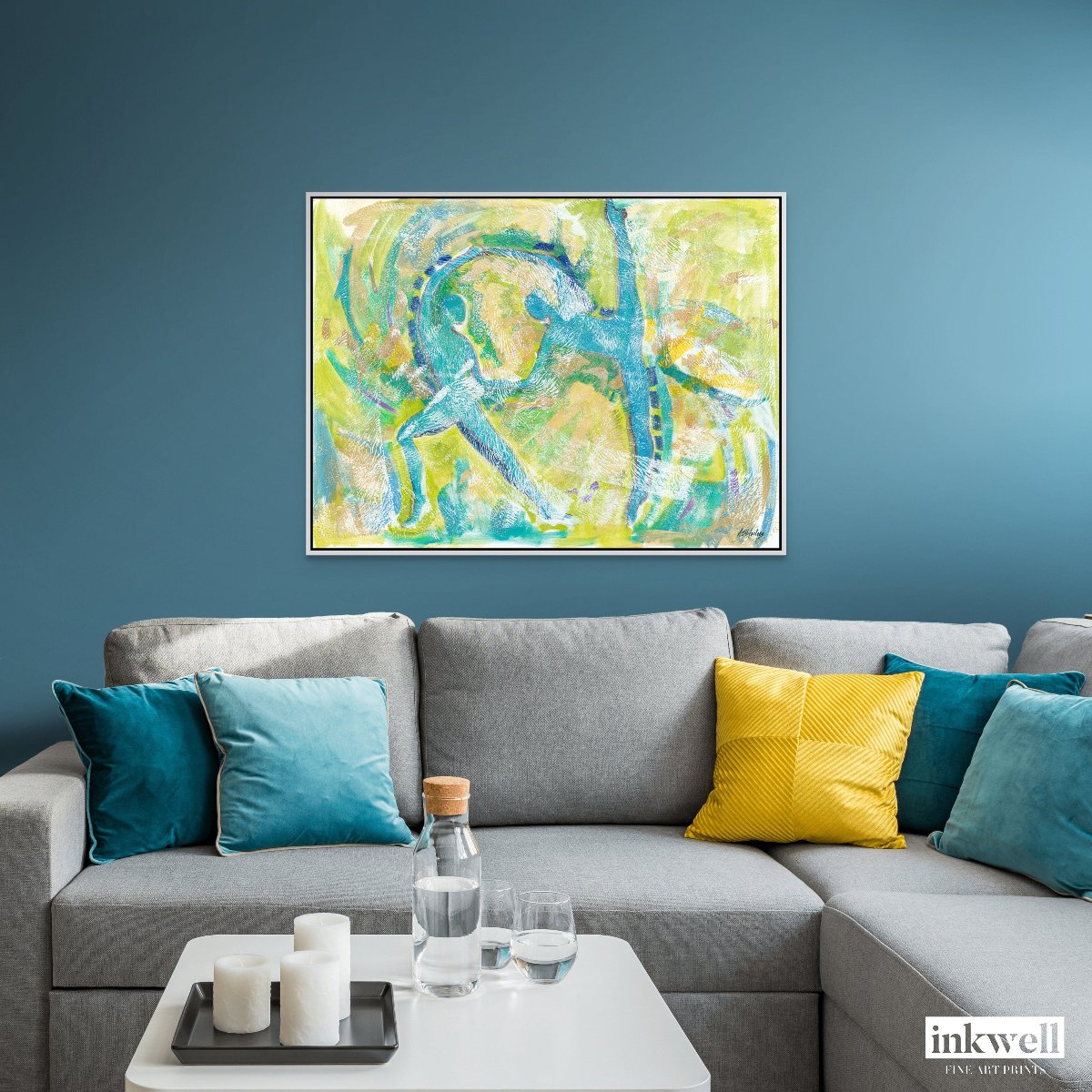 Motion in Teal Framed Stretched Canvas Print