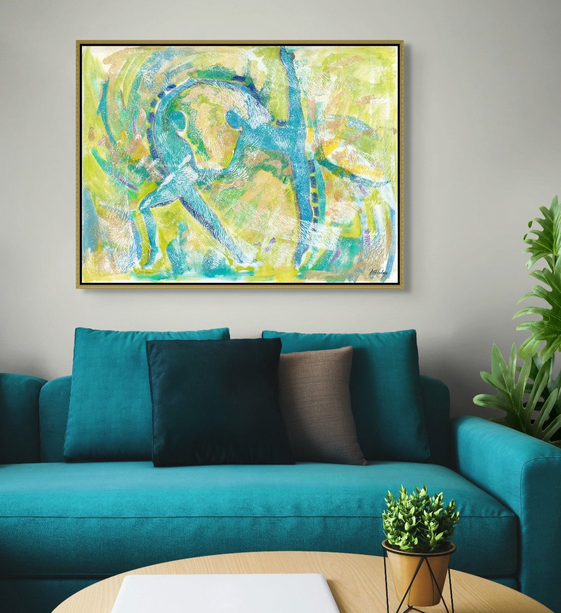 Motion in Teal Framed Stretched Canvas Print  framed in gold wood frame hung above a teal color sofa