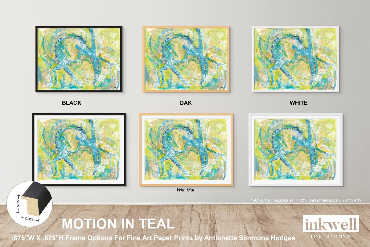 'Motion in Teal' art print: Abstract expressionist painting with swirling teal tones blended with lime green, copper, blue, and white, capturing dynamic movement and dance, featuring abstract dancer forms emerging from the brushstrokes. shown in black, oak, white frames