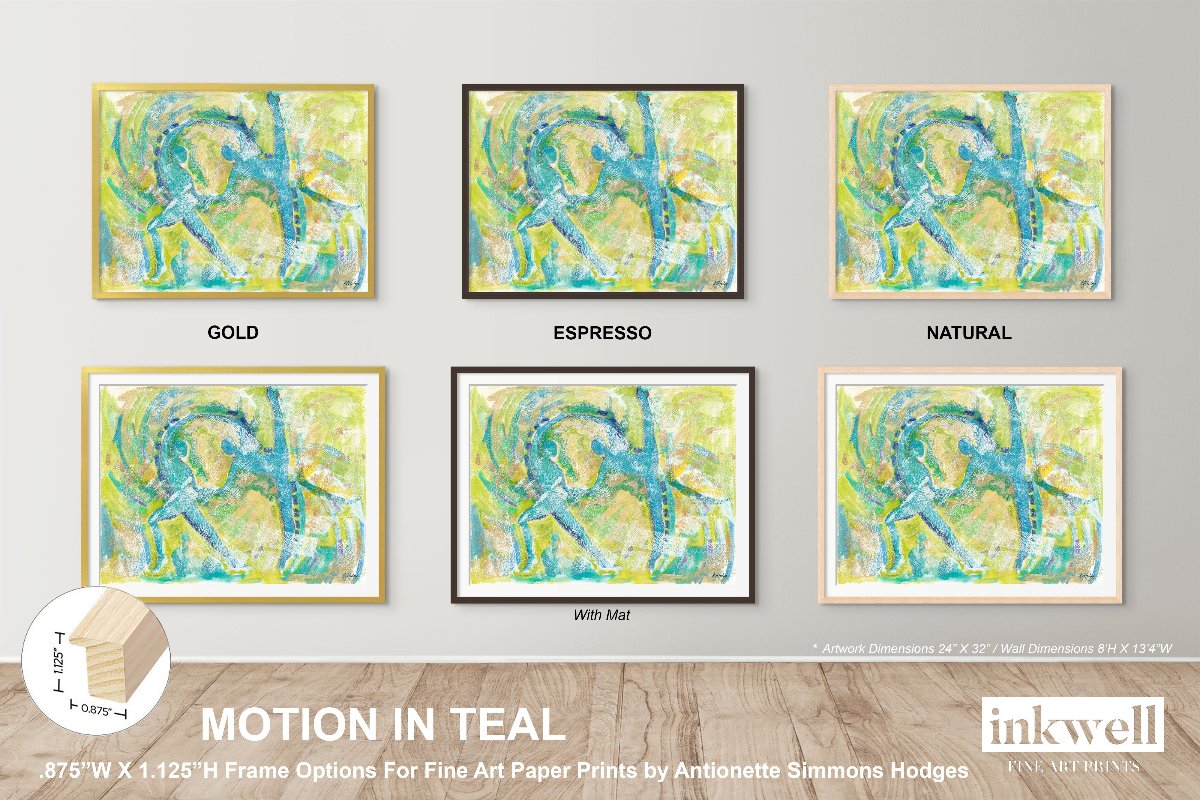 'Motion in Teal' art print: Abstract expressionist painting with swirling teal tones blended with lime green, copper, blue, and white, capturing dynamic movement and dance, featuring abstract dancer forms emerging from the brushstrokes. shown in gold, espresso, natural colored wood frames