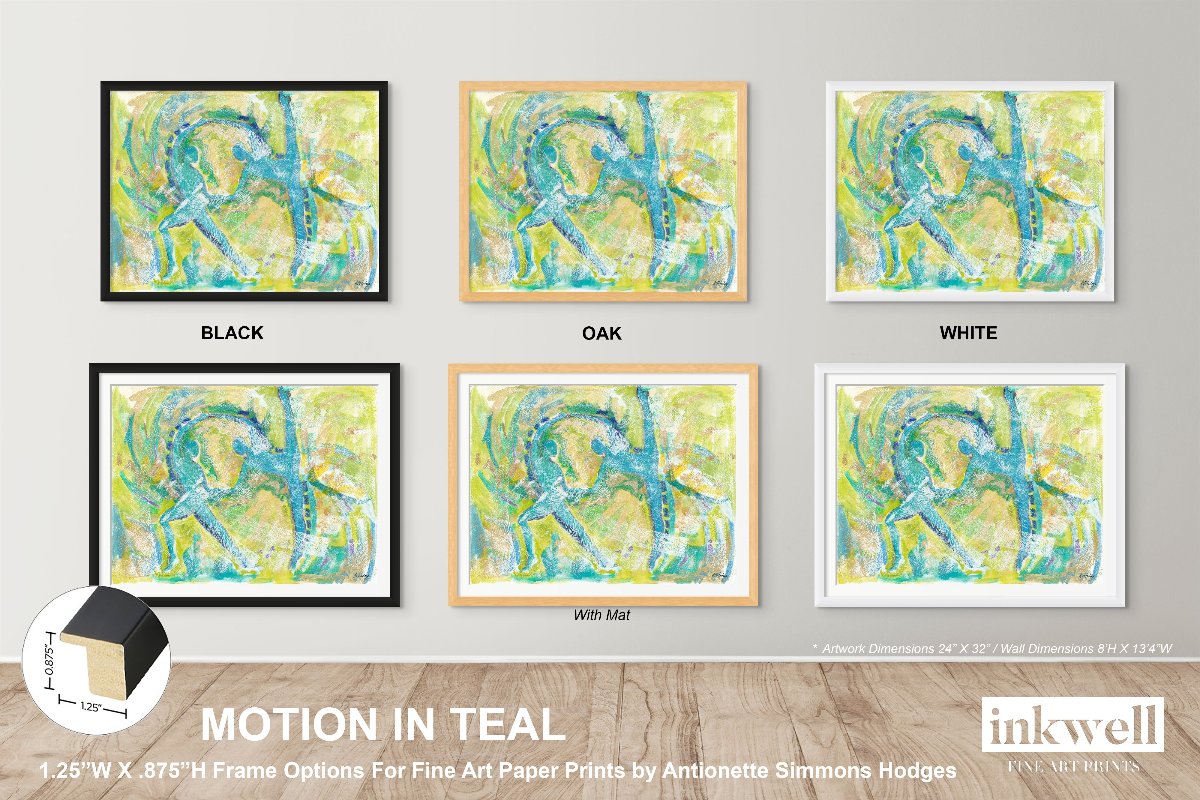 'Motion in Teal' art print: Abstract expressionist painting with swirling teal tones blended with lime green, copper, blue, and white, capturing dynamic movement and dance, featuring abstract dancer forms emerging from the brushstrokes. shown in black, oakm white frames