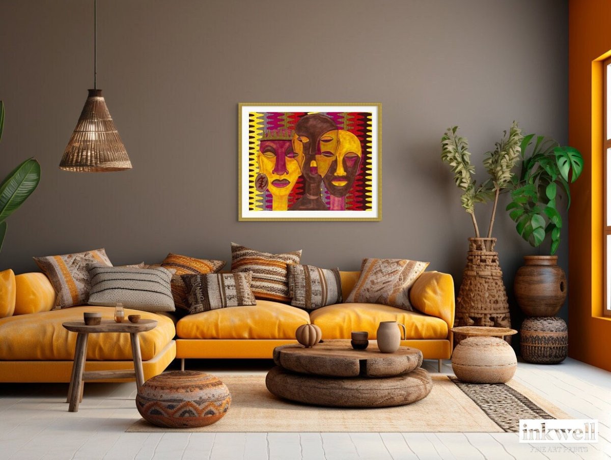 Fine art print 'All Hail The Queen' with vibrant African American themes, geometric patterns, in a bohemian-style living room.