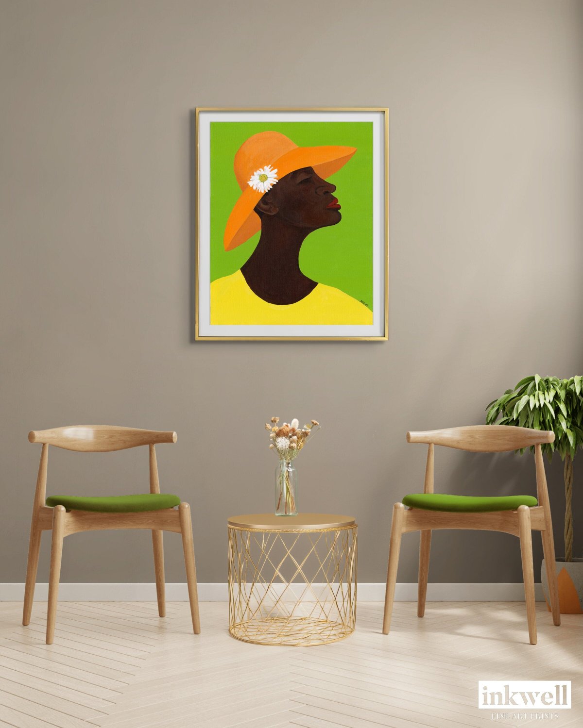 Giclee art print 'Annabelle's New Hat': African American woman in yellow outfit and orange hat with daisy, set against green, displayed above two chairs in a sitting room.