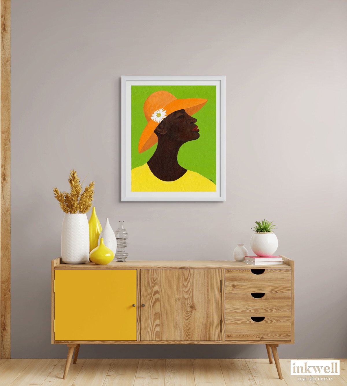 Giclee art print 'Annabelle's New Hat': African American woman in yellow attire, orange hat with daisy, against green, above wood cabinet with yellow accent door.