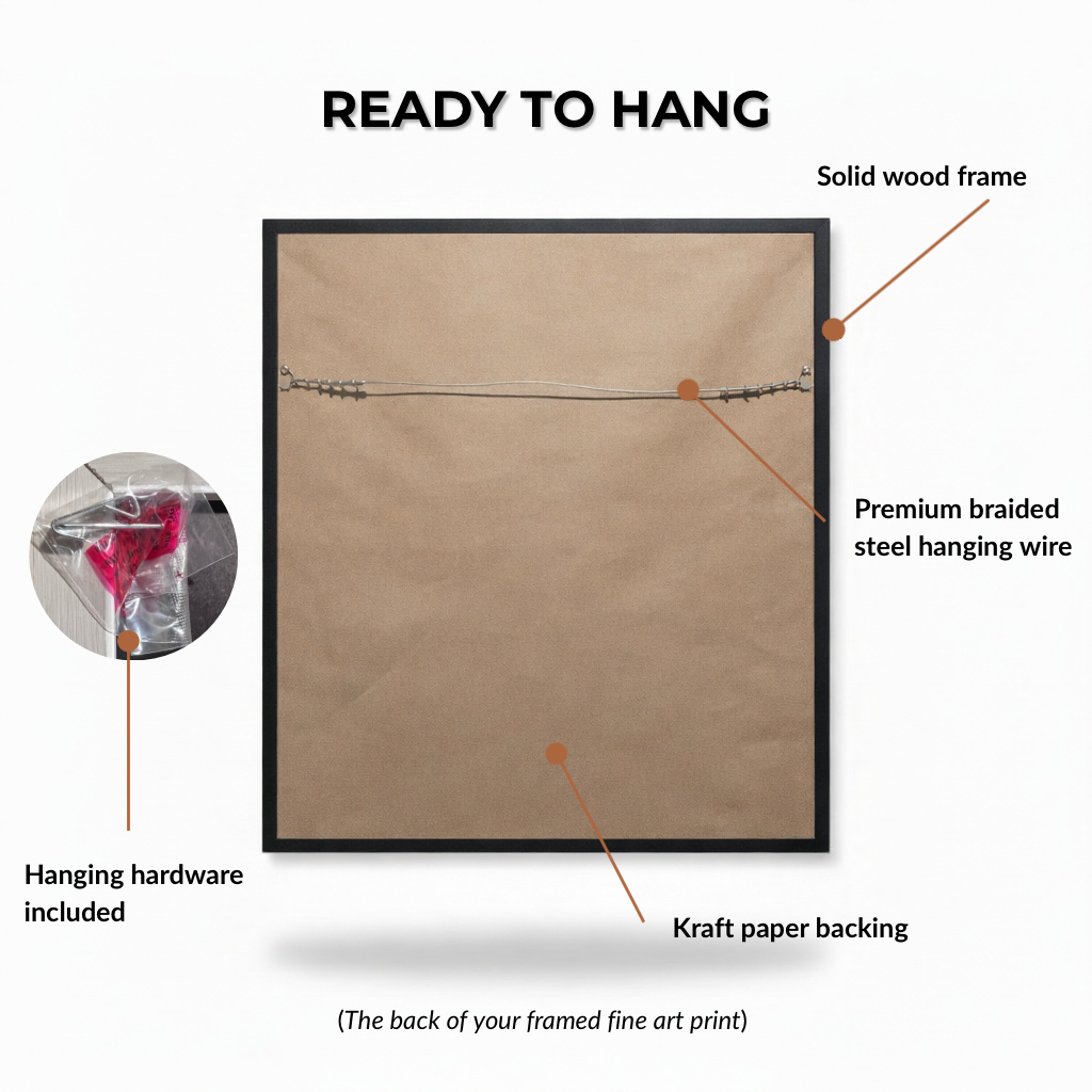 Framed giclee print — paper backing and hanging hardware view