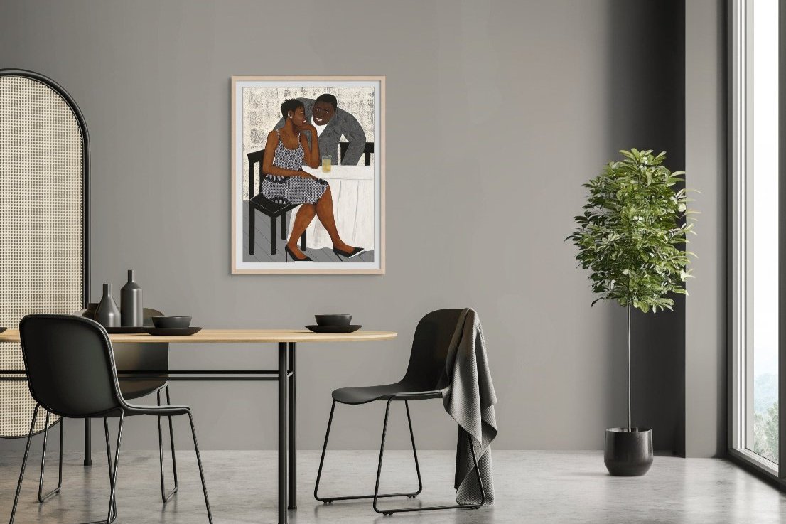 'The Conversation' fine art print on paper: Showcases a Black couple engaged in conversation, with the woman's bold fashion and the man's engaging presence, against a detailed, warm-toned backdrop. shown above a dinging table in an elegant apartment