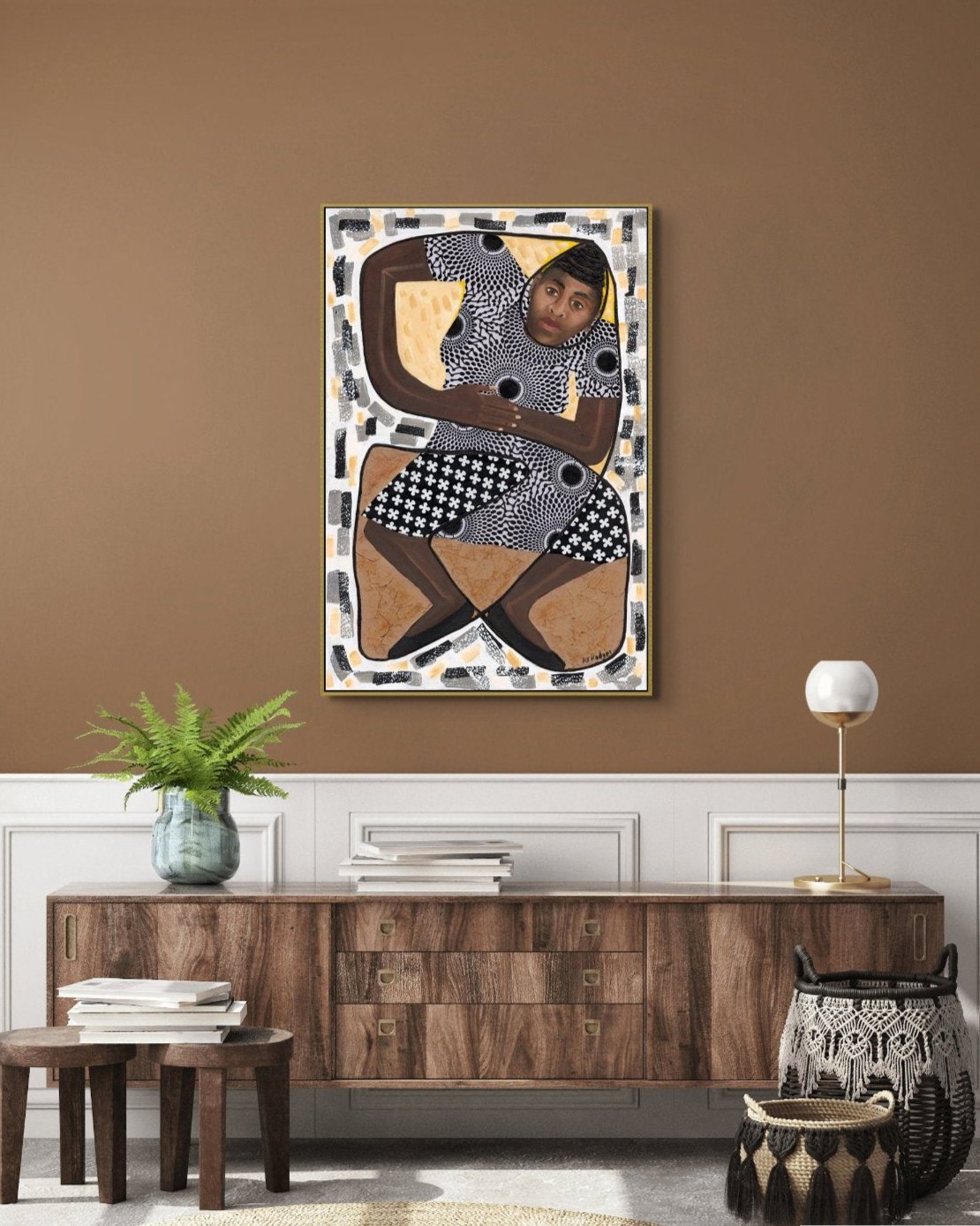 How Low Can You Go? Framed Stretched Canvas Print Stylized figure in a limbo dance pose with rich brown hues and black patterning, set against an abstract background of dot patterns and floral motifs, showcased in a modern living room 