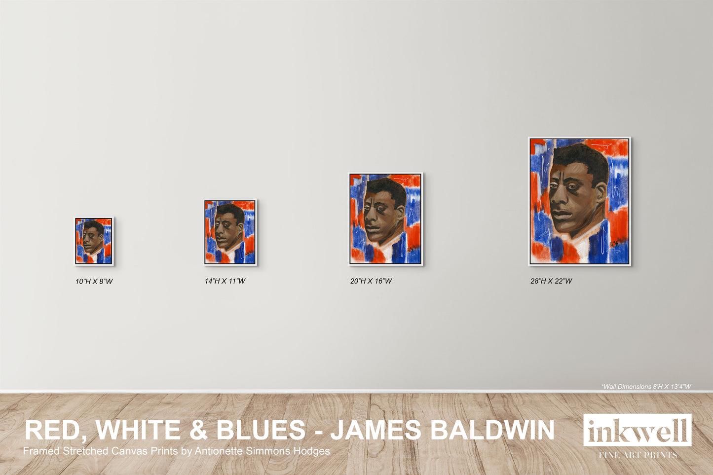 image showing 4 available print sizes for framed James Baldwin Artwork