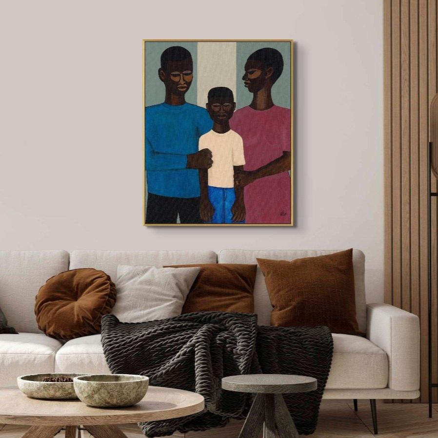 'The Family' framed stretched canvas: African American family, with two adults and a child in a protective embrace, set against a muted background, symbolizing unity and strength, elegantly framed.