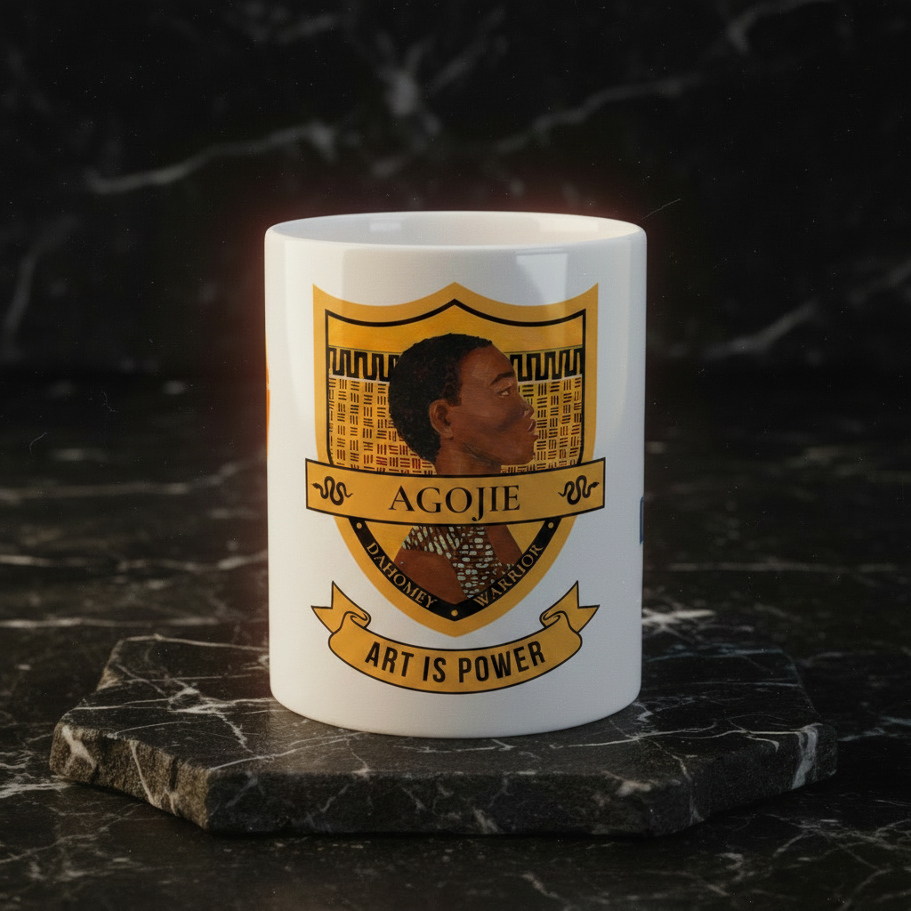 Dahomey Warrior ceramic mug front view on marble riser — Art Is Power Vol. I by Inkwell Fine Art Prints