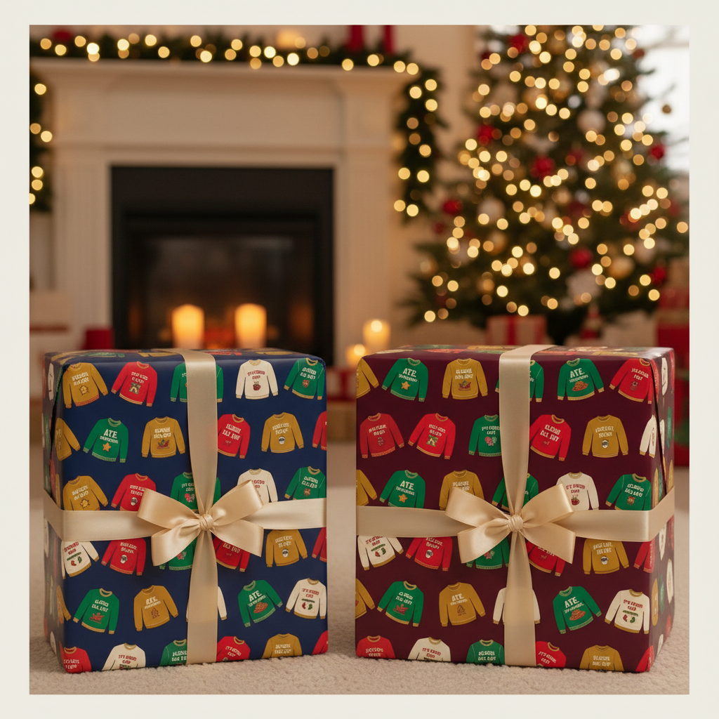 Funny Christmas Sweater Nice List No Cap gift wrapping paper, all colorways, lifestyle photo