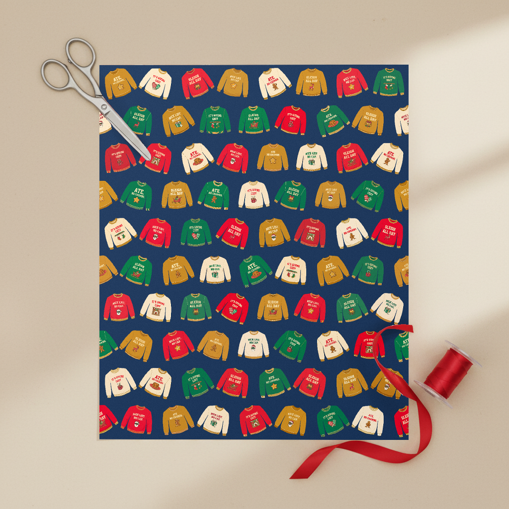 Funny Christmas Sweater Nice List No Cap gift wrapping paper, all colorways, lifestyle photo