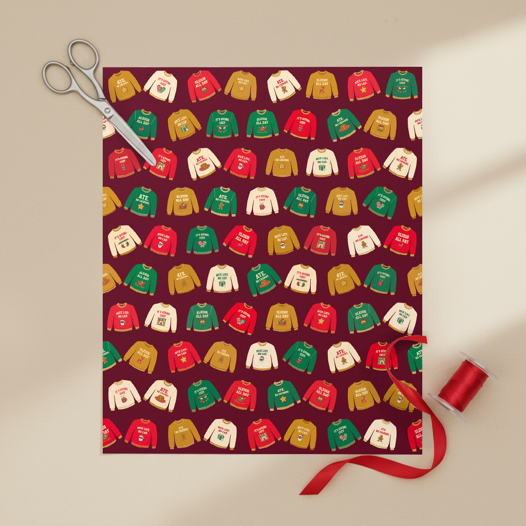 Funny Christmas Sweater Nice List No Cap gift wrapping paper, all colorways, lifestyle photo