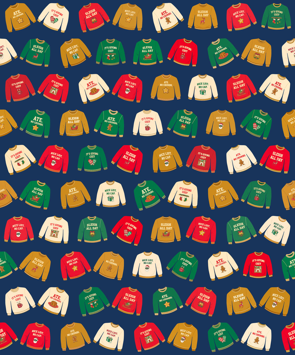Funny Christmas Sweater Nice List No Cap gift wrapping paper, all colorways, pattern close up
