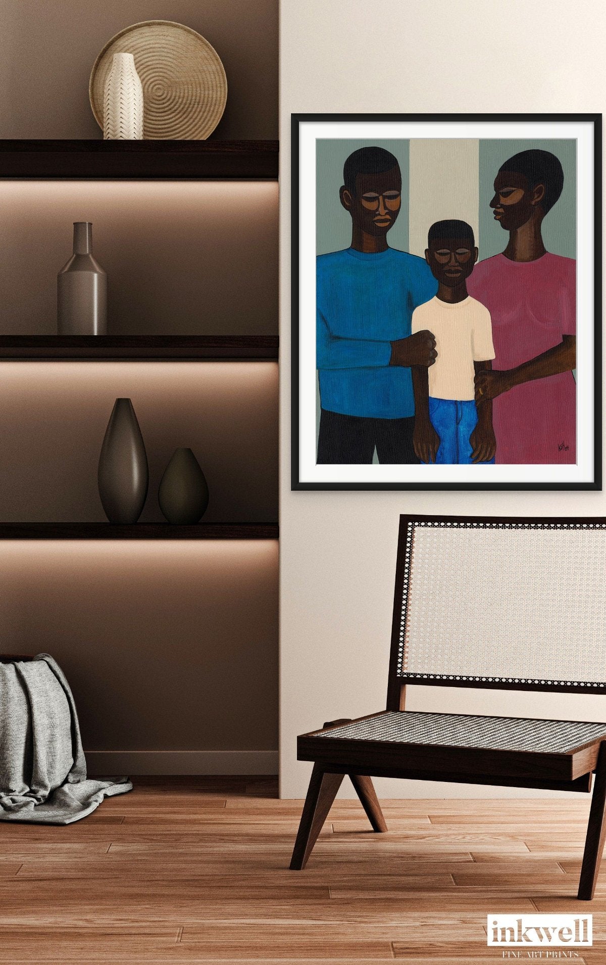 The Family' artwork: Stylized African American family portrait, with simplified features and muted tones, symbolizing enduring family connections.