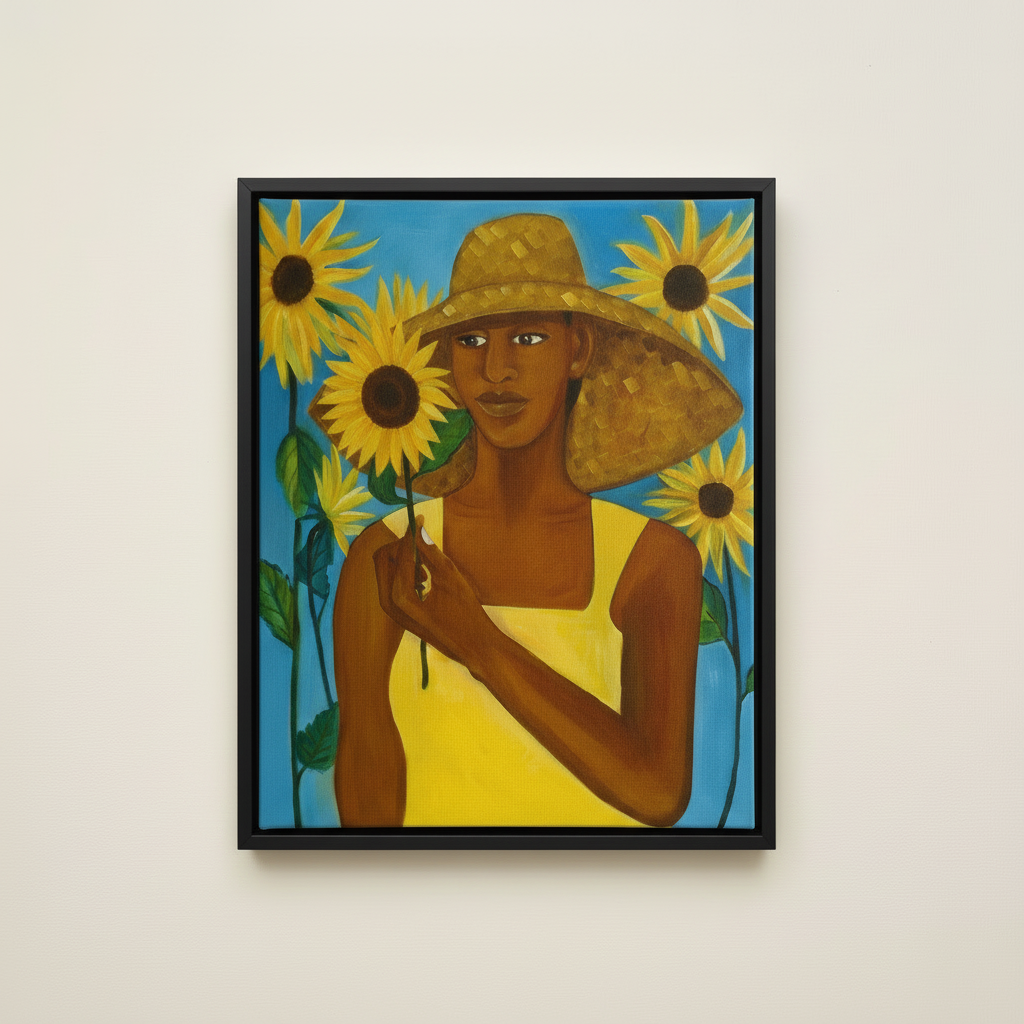 Girl with Sunflower — Framed Canvas Print, Black