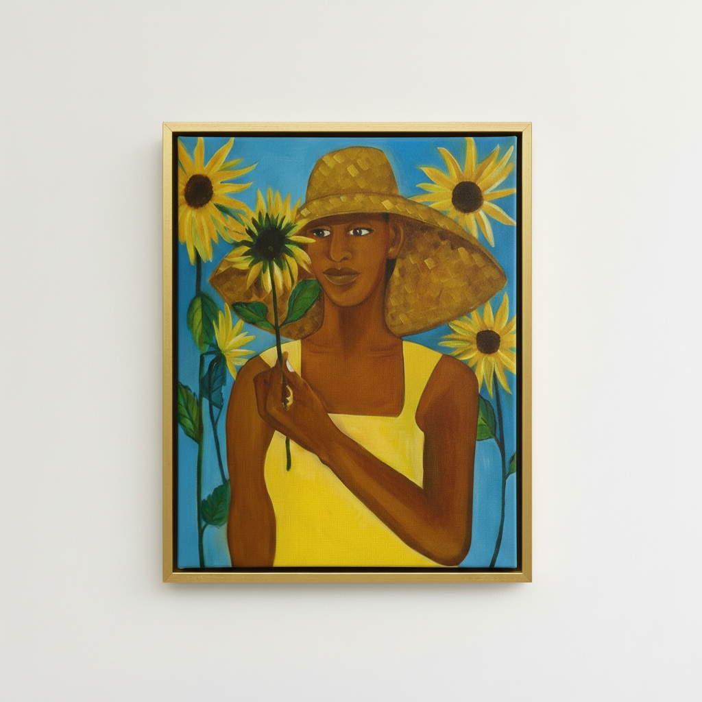 Girl with Sunflower — Framed Canvas Print, Gold