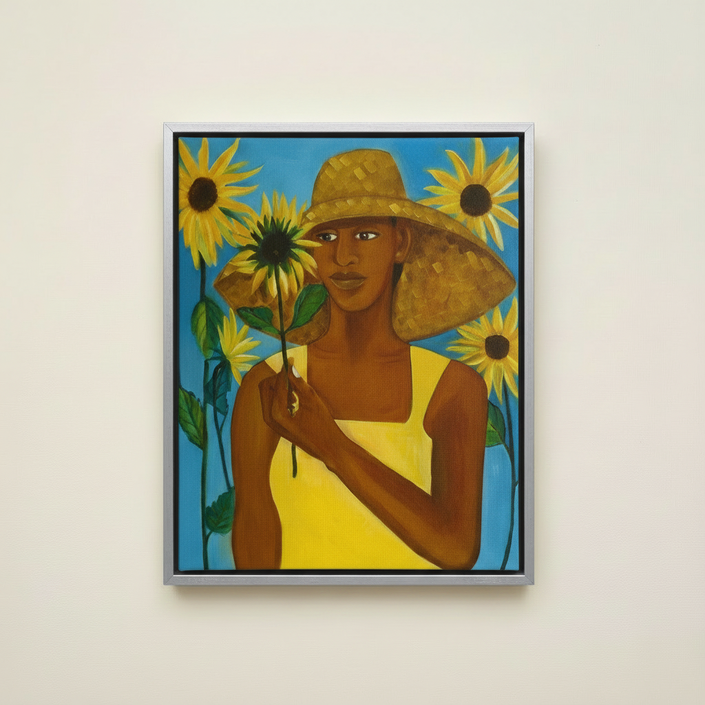Girl with Sunflower — Framed Canvas Print, Silver