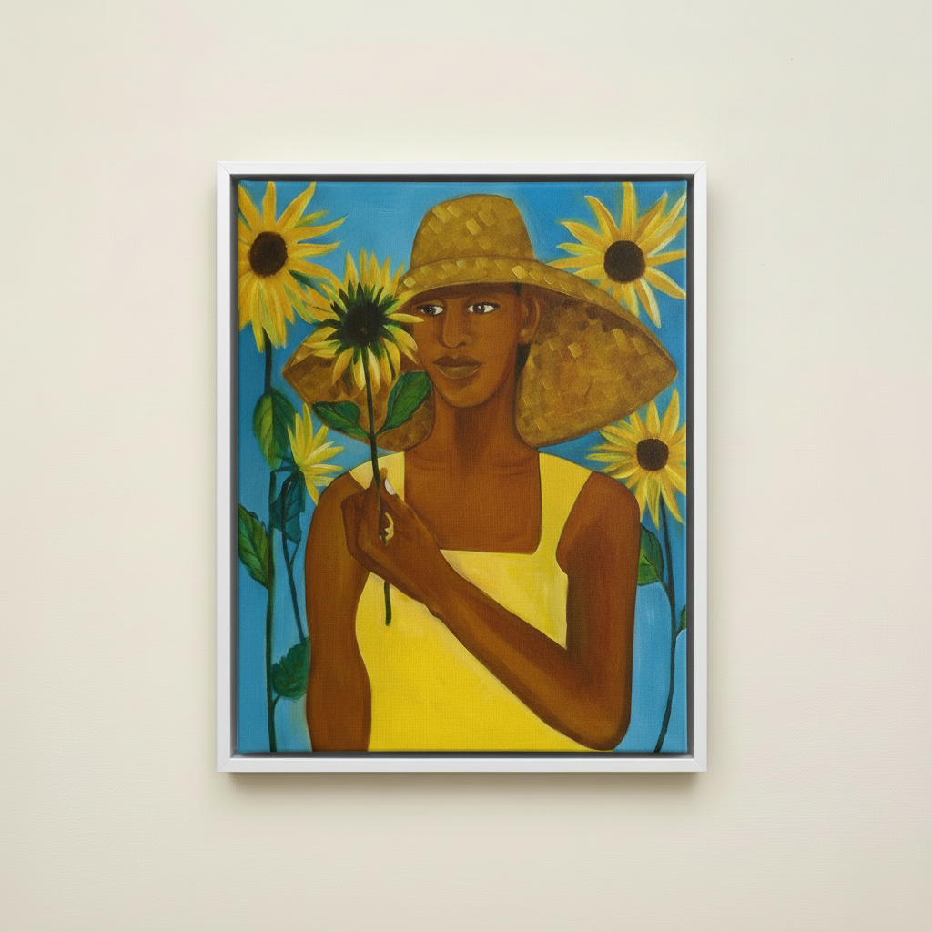 Girl with Sunflower — Framed Canvas Print, White