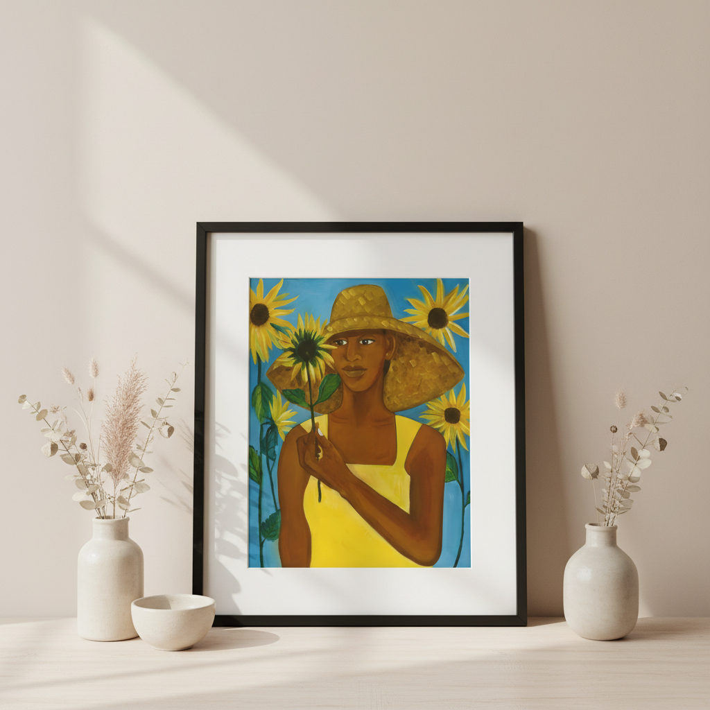 Framed artwork of a woman holding sunflowers on a white wall with decorative vases.