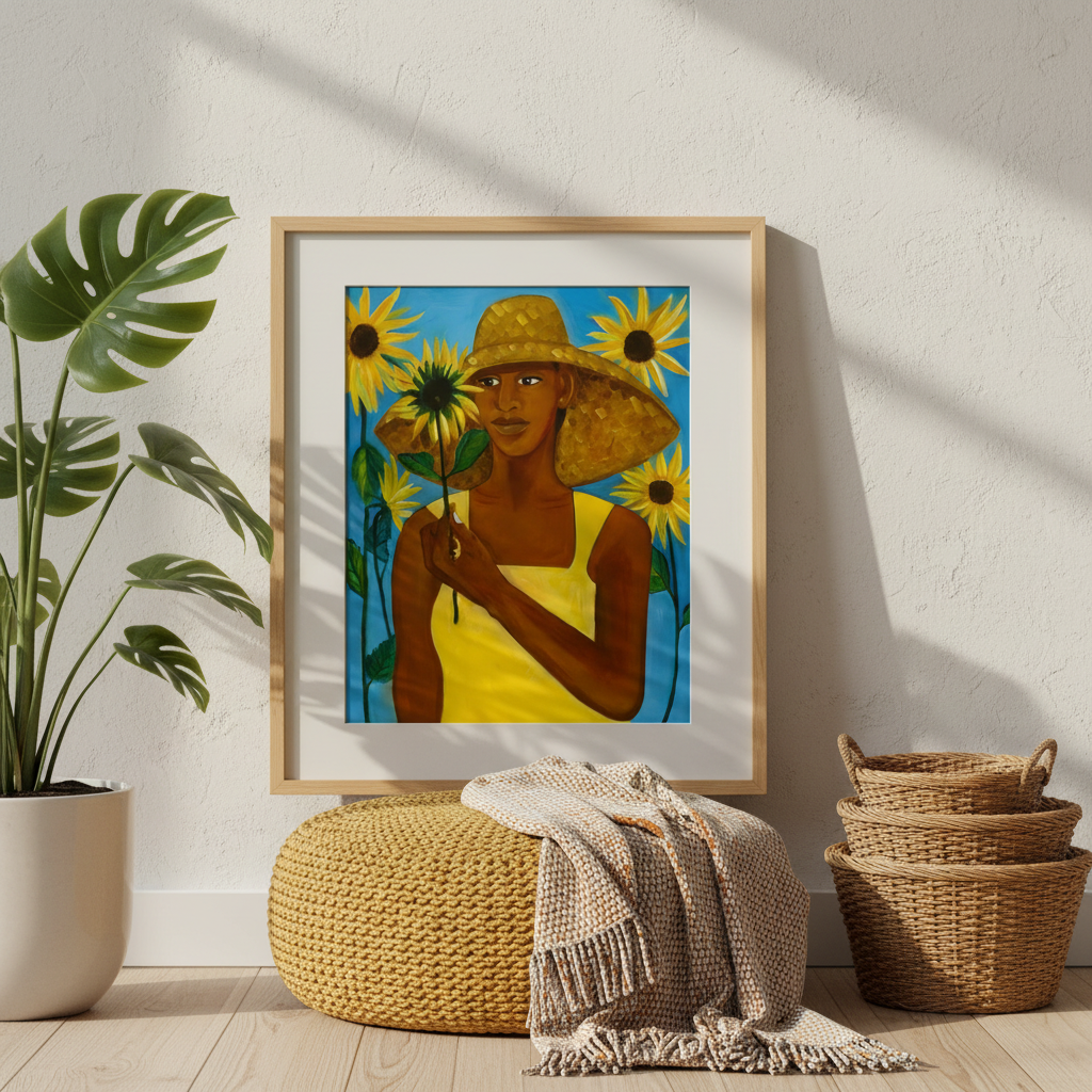 Framed artwork of a person holding sunflowers in a room with decor elements.