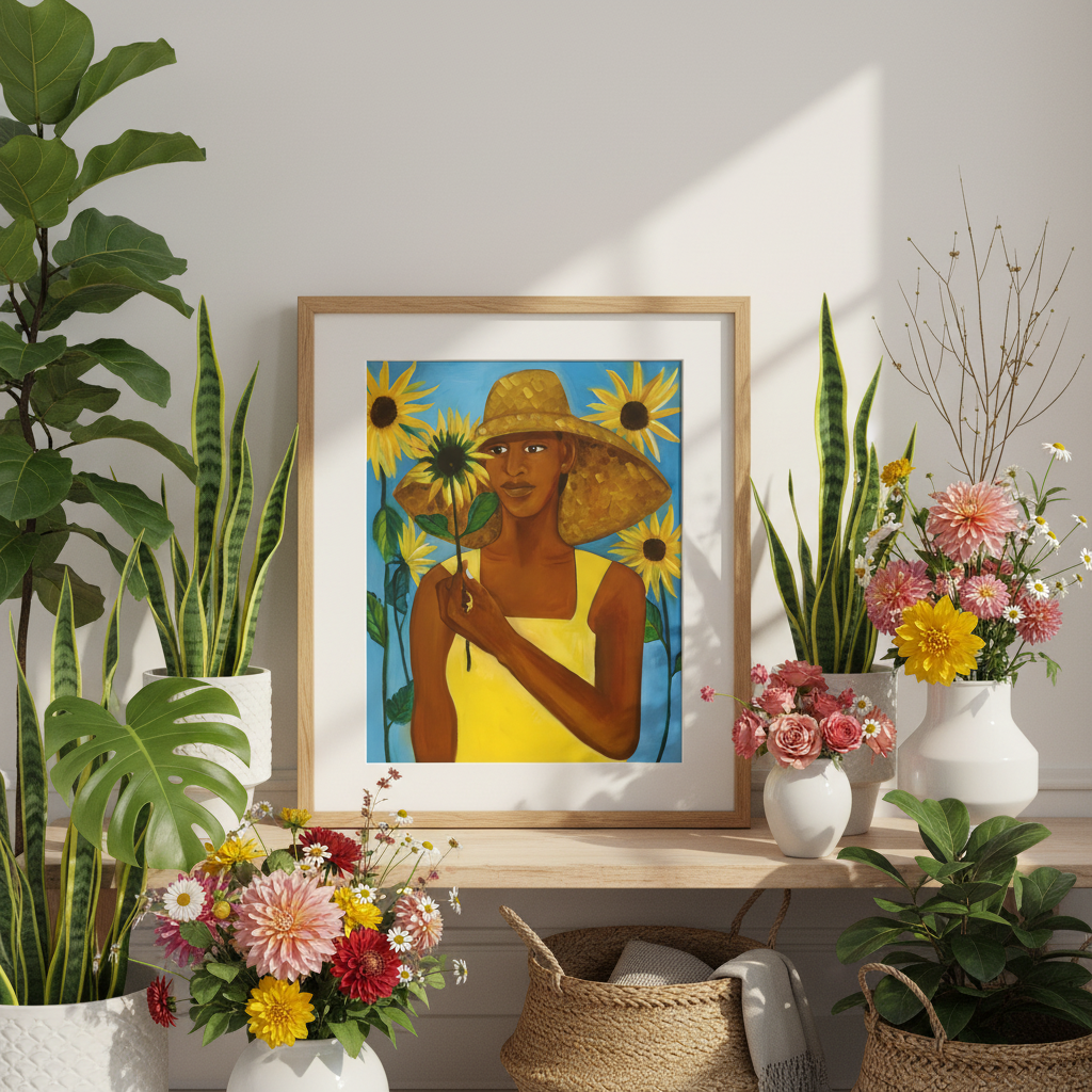 Framed artwork of a woman with sunflowers surrounded by potted plants and flowers.