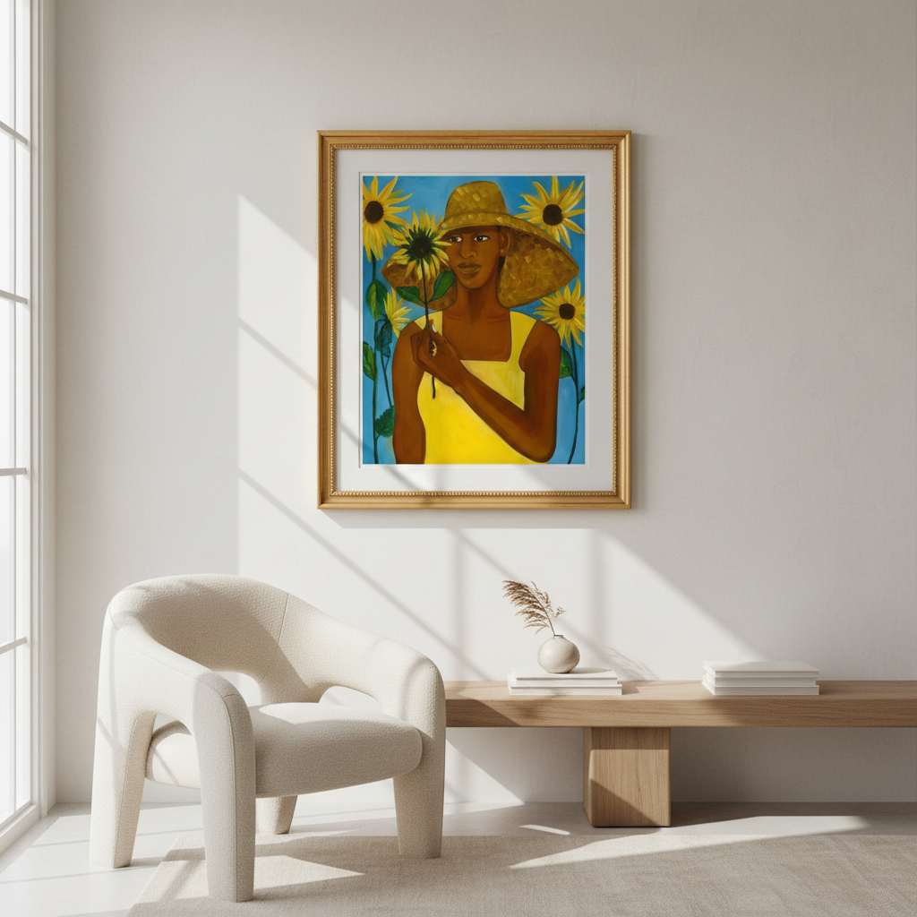Framed artwork of a woman holding sunflowers in a modern room with a chair and table.