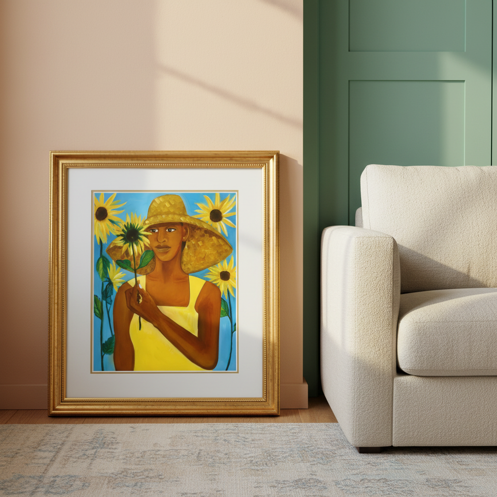 Framed artwork of a woman holding sunflowers in a living room setting.