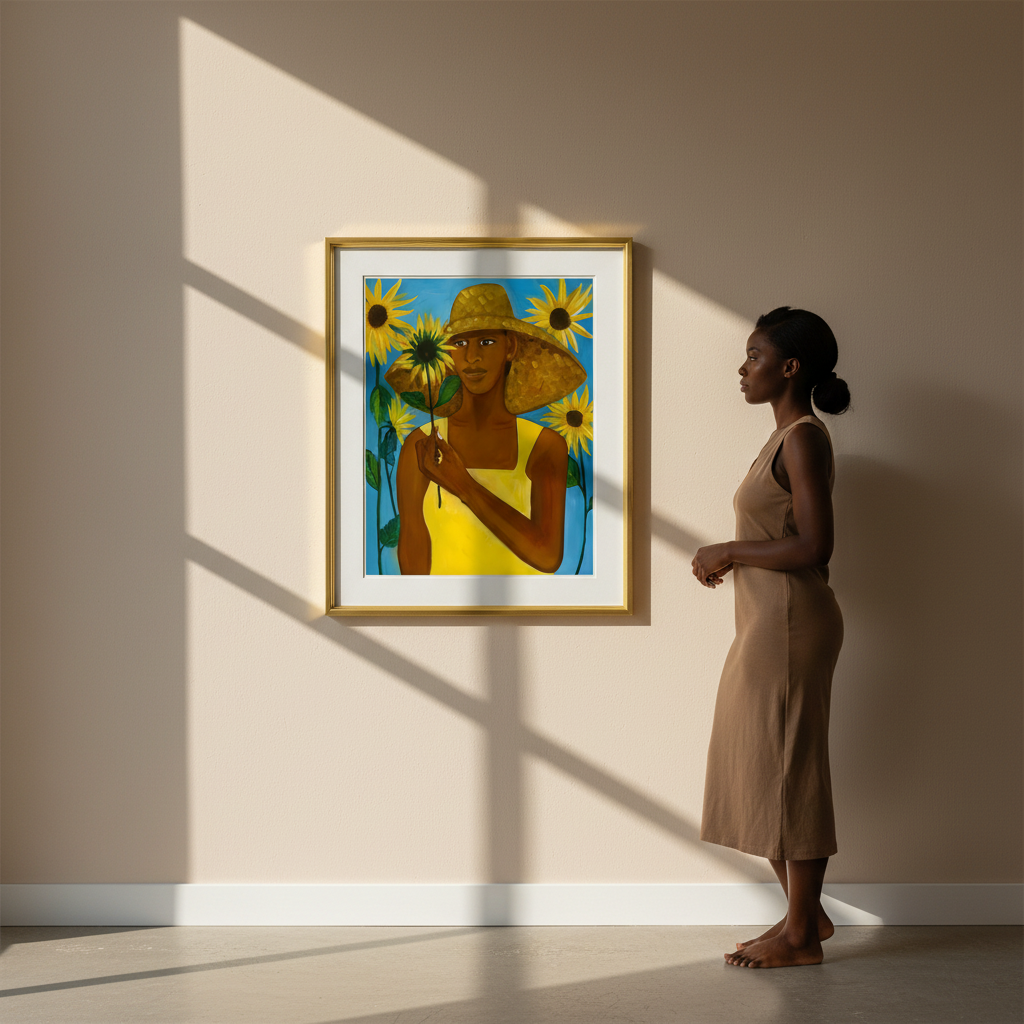 Woman standing in a room with a framed artwork of a woman holding sunflowers on the wall.