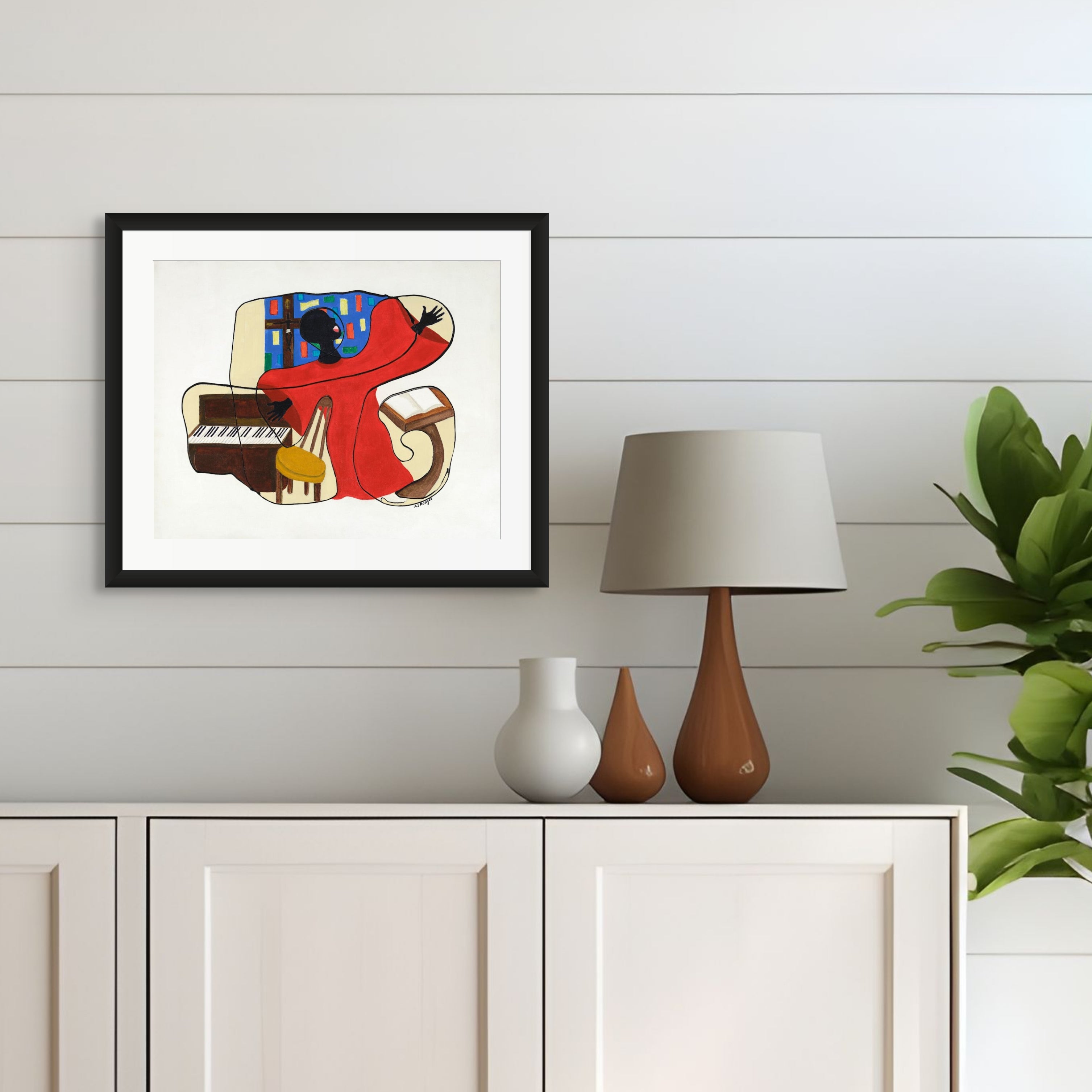 Glory continuous line print framed in black in a living room — Black gospel art