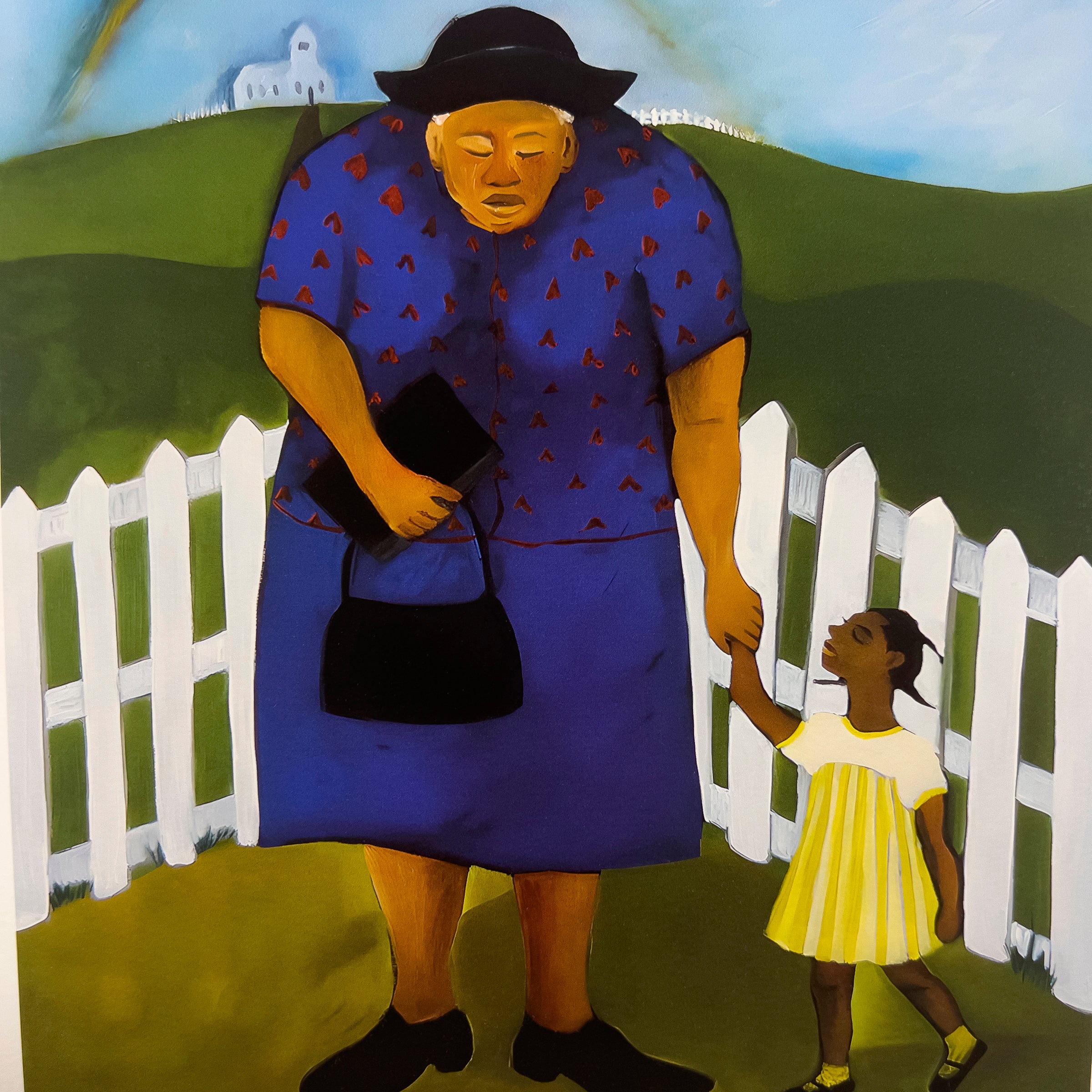 An art print showing a young Black girl in a yellow dress walking hand in hand with her elder toward a white church on a hill, beneath a bright rainbow and blue sky, surrounded by green fields and a white picket fence.