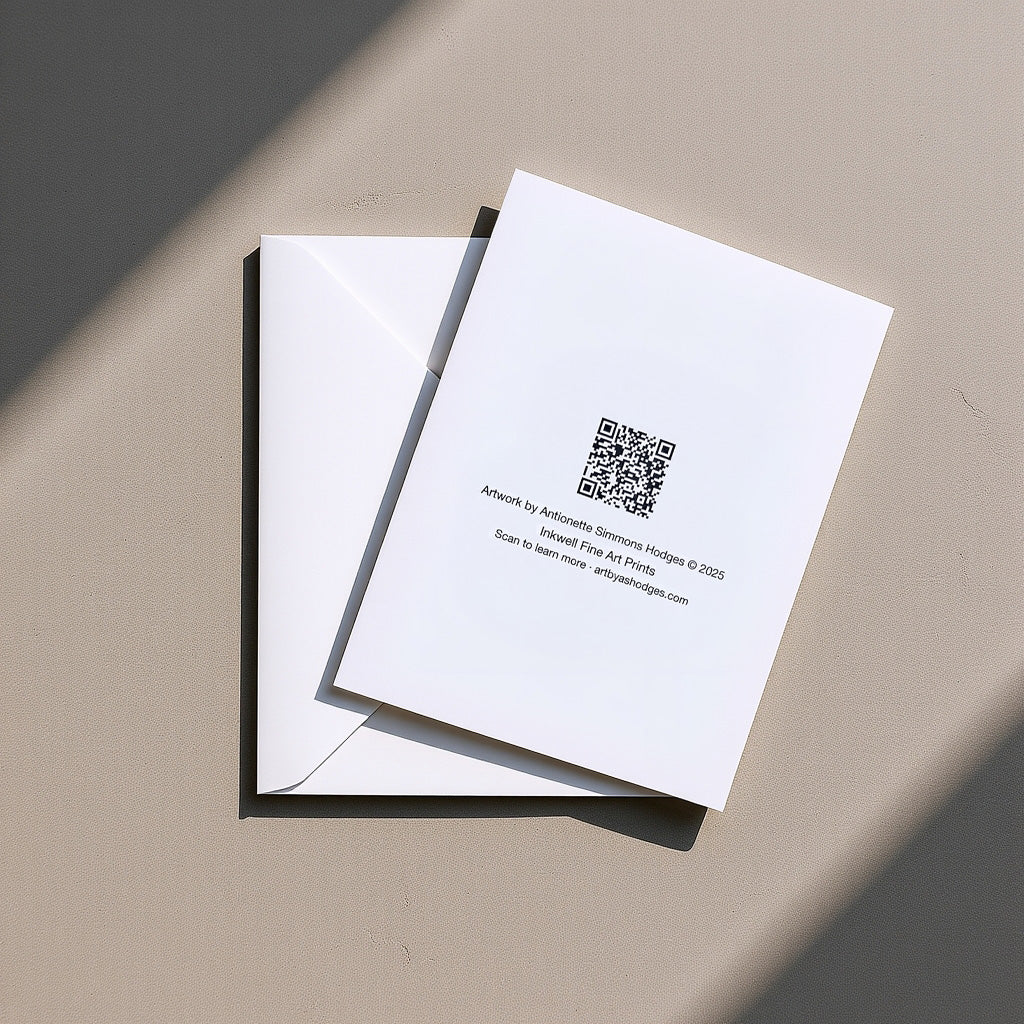White card with a QR code and text on a beige surface