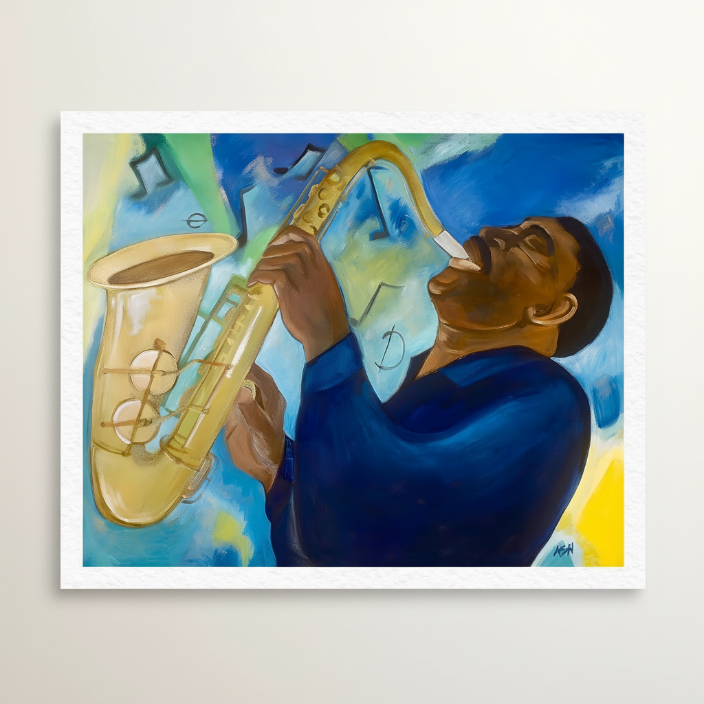 Groovin' framed giclee print — full artwork image, Black jazz saxophone player art by Antionette Simmons Hodges