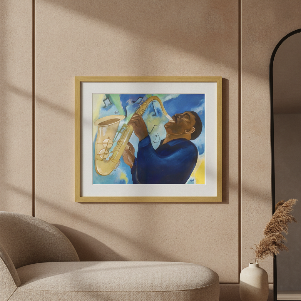 Groovin' framed giclee print in gold frame against earth-tone plaster wall, close-up — Black jazz saxophone art