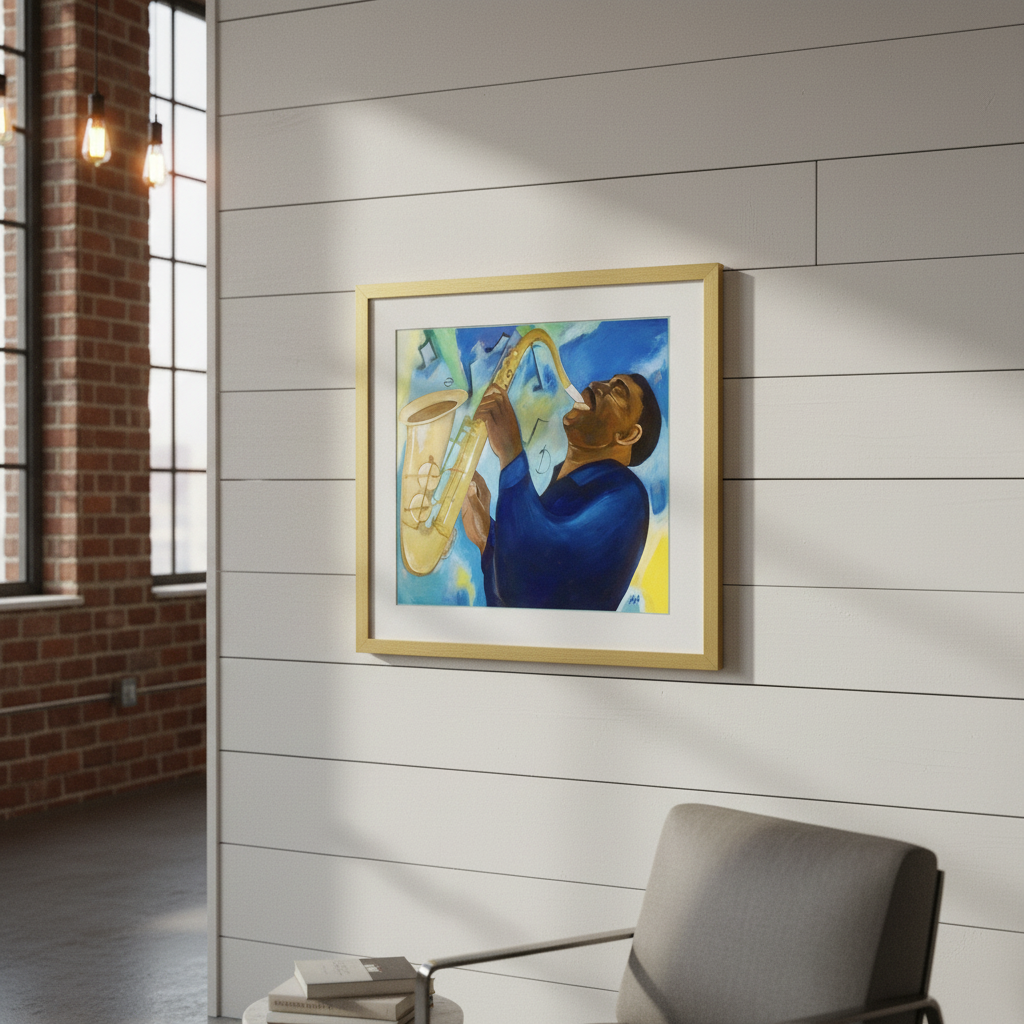 Groovin' framed giclee print in gold frame, loft styling walk-by view — Black jazz saxophone art