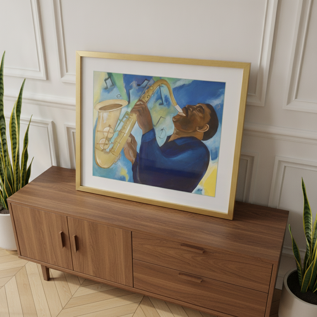 Groovin' framed giclee print in gold frame on Parisian-style credenza, high-angle view — Black jazz saxophone art