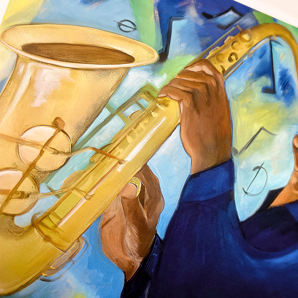 Groovin' framed giclee print — lifestyle view, Black jazz saxophone art by A.S. Hodges